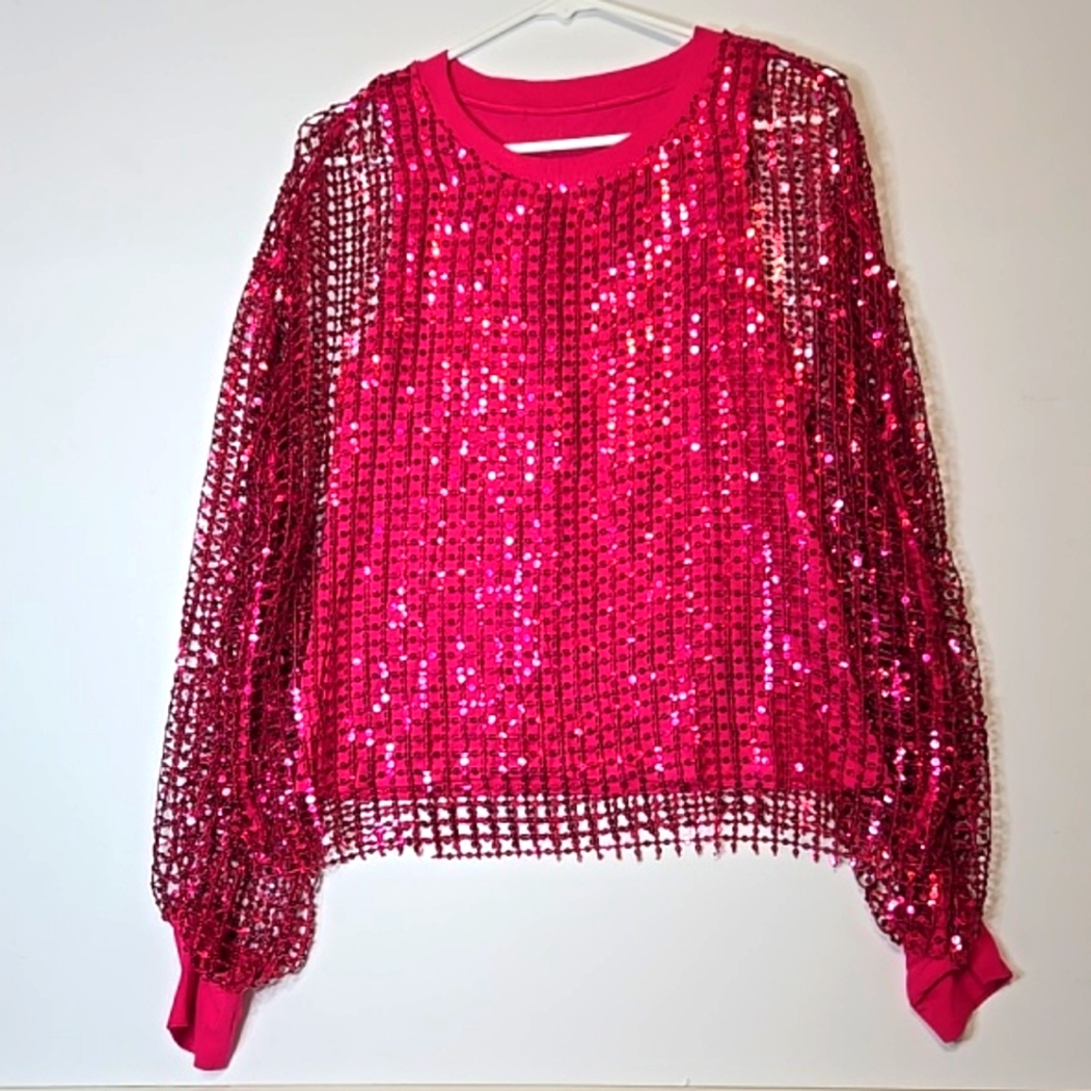 Pilcro Anthropologie Raspberry Pink Mesh Sequin Party Blouse Size Medium